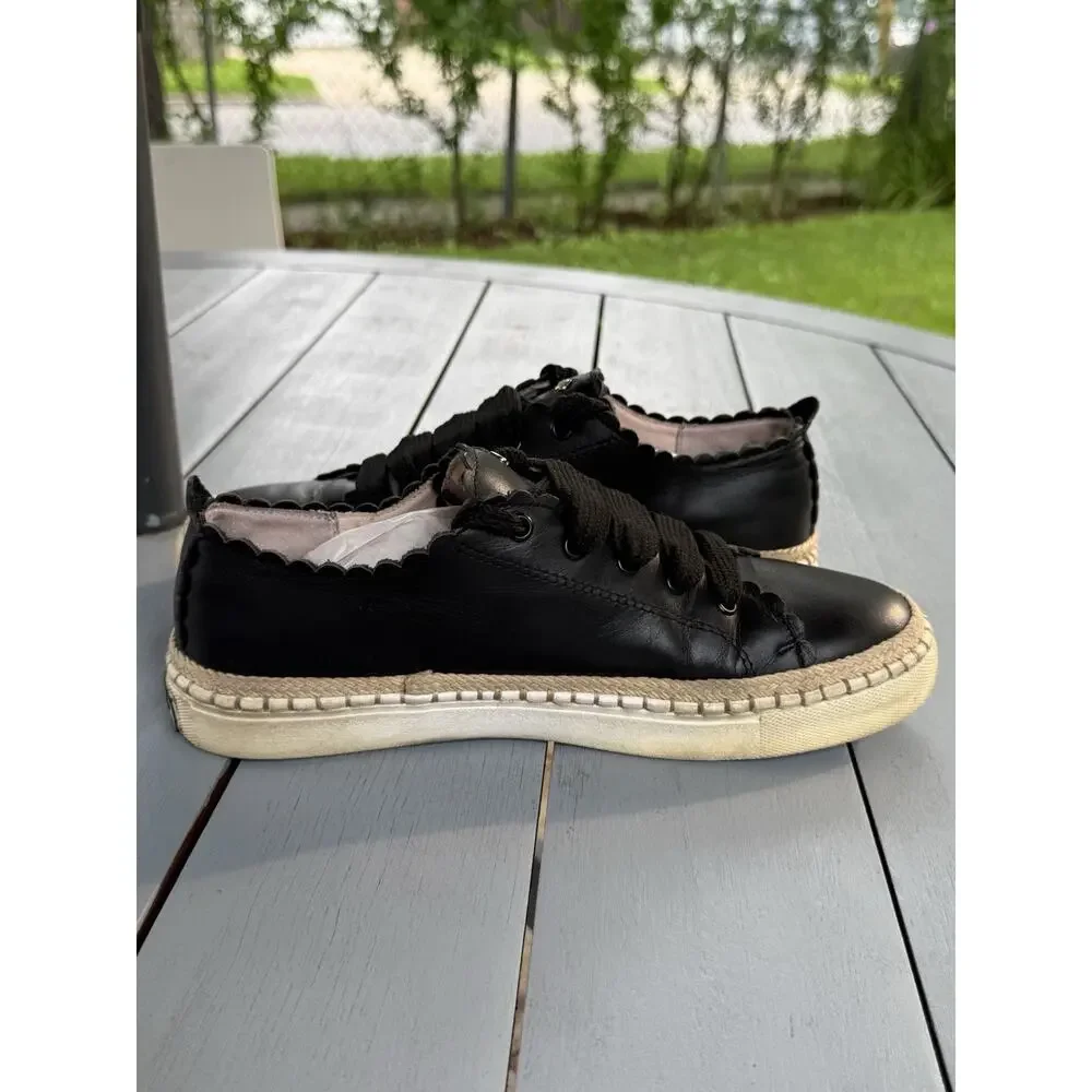 Kate Spade Lena Black Leather Scalloped Espadrille Sneakers Women Size 8M